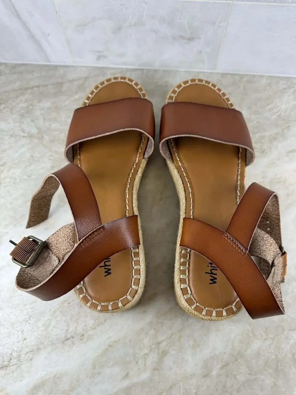 White Mountain Tan Espadrille Platform Sandals Ankle Strap Women’s Size 10